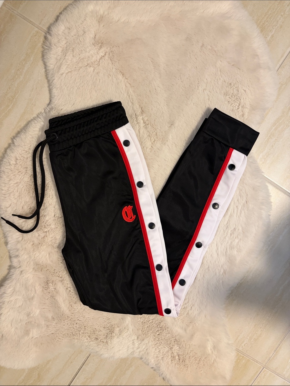 Black Snap-Track Joggers with Red & White Side Trim - S